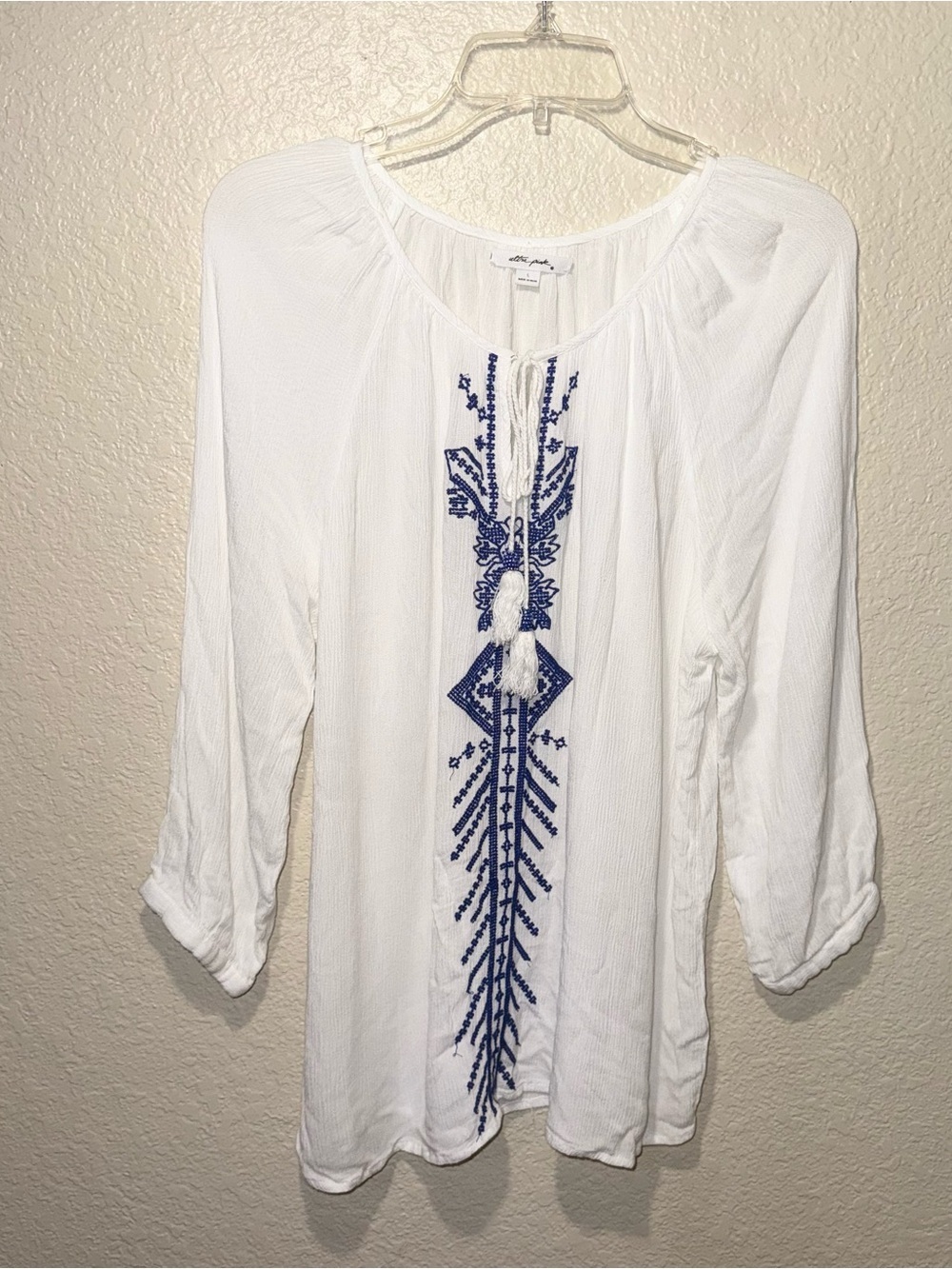 Ultra Pink L White Embroidered Boho Peasant Blouse Tassel Sheer Top